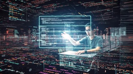Man working with digital interface elements in futuristic environment