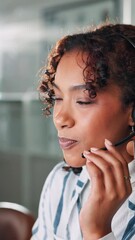 Poster - Call center, telemarketing and business woman consulting for lead generation, contact us and help. Happy consultant, customer service and conversation on headset for insurance sales, advice and FAQ