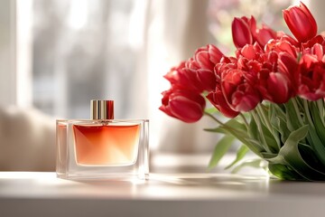 Poster - Aromatic Essence & Floral Elegance: Captivatingly showcases a bottle of exquisite perfume gracefully poised alongside a vibrant bouquet of red tulips, evoking a sense of luxury and refinement.