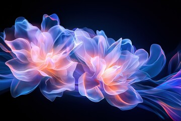 Poster - Vibrant digital art of two luminous flowers with soft pastel colors on a dark background.