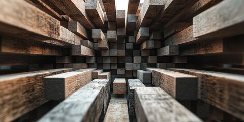 Poster - Abstract Wood Blocks Structure: An artistic architectural composition of wood blocks creates a captivating visual, with depth and dimension. This abstract captures intricate details. 