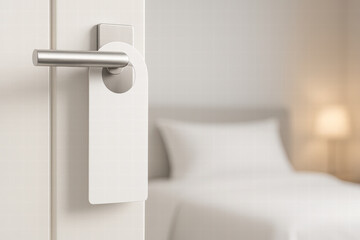 Poster - modern door handle with blank tag, leading to softly lit bedroom, evokes sense of tranquility and comfort