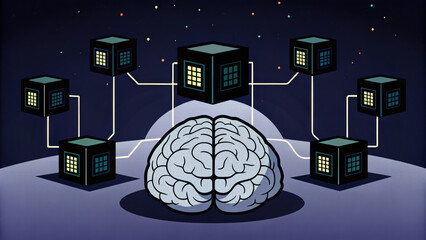  - digital brain connected to multiple data blocks, symbolizing advanced technology and artificial inte