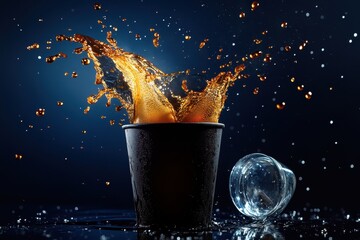 Poster - Explosive Beverage Splash: A high-speed capture of a dark cup as a beverage erupts in a dynamic splash. showcasing the liquid's texture and movement against a dark background.