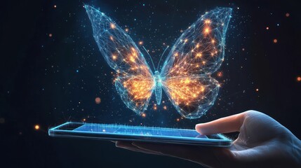 Poster - Digital transformation illustration with glowing butterfly emerging from smartphone