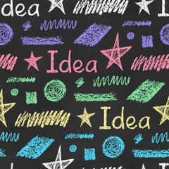 Wall Mural - Seamless Grunge Pattern of Chalk Drawn Sketches Scribbles and Words 