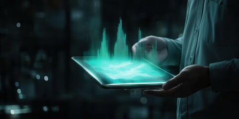 Poster - Analyzing Data with Technology: A person uses a tablet to analyze data, the screen displays a digital projection of graphs in a futuristic setting.