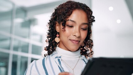 Poster - Tablet, research and smile with business woman in office for publishing agency, manuscript editor and ebook review. Copywriter, reading and planning with person for creative project, report and media