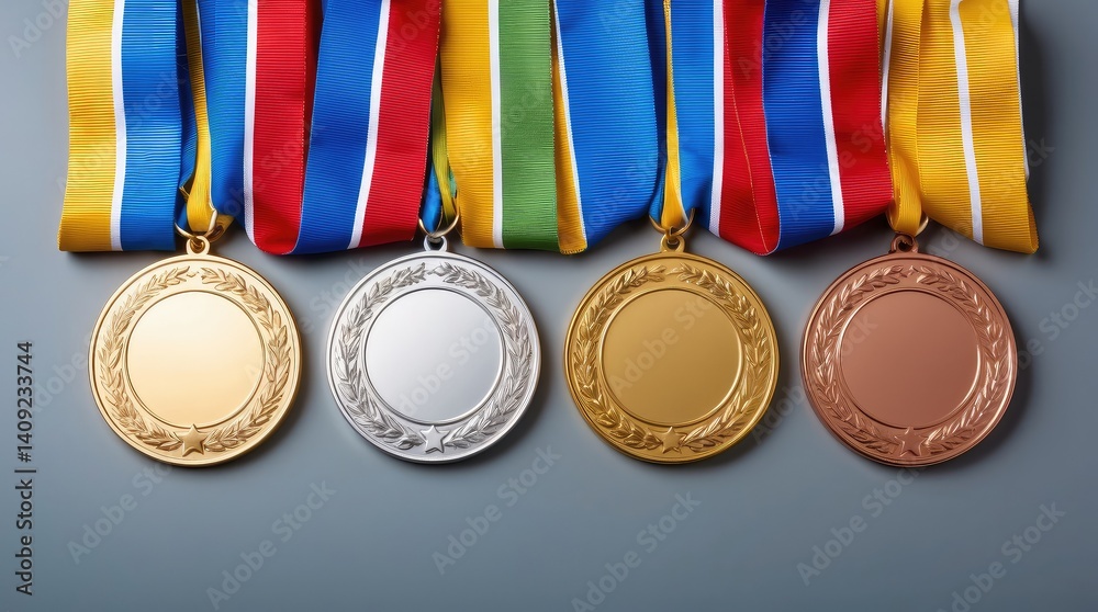Foto de Stock Gold silver bronze medals with ribbons. Award winners ...