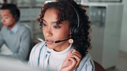 Aufkleber - Call center, woman and customer support in office with help, communication and online consultant. Contact us, headset and technical service crm, telemarketing or sales agent coworking for hotline