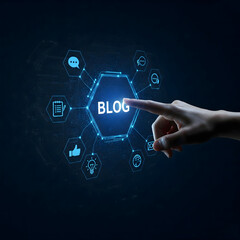 Poster - Blog:  A hand reaches out towards a futuristic hexagonal interface, pointing at the word 