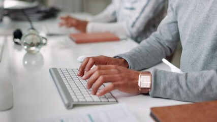 Poster - Keyboard, hands and businessman in office typing for finance proposal with online client. Technology, communication and closeup of male financial advisor with investment report in workplace.
