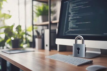 Poster - Cybersecurity Workstation: A close-up shot of a modern workspace featuring a computer displaying lines of code, with a padlock prominently placed on the desk.