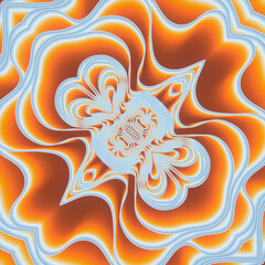 Aufkleber - An illustration of abstract, layered shapes that evoke the soft curves of fabric. Deep blues and oranges with soft highlights create an atmosphere of neon glow. Symmetrical composition. 3d rendering