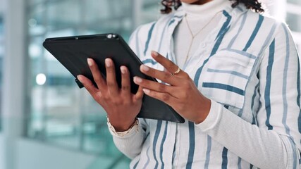 Aufkleber - Tablet, search and hands of business woman in office for publishing agency, manuscript editor and ebook review. Copywriter, reading and planning with person for creative project, report and media