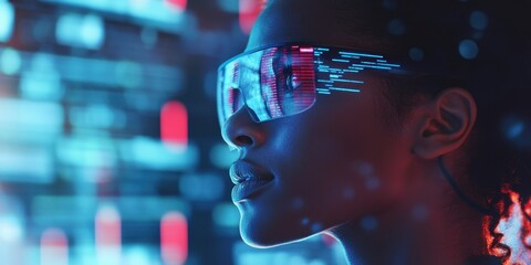 Poster - Vision of Future: A woman wearing futuristic augmented reality glasses with a dynamic display, offering a glimpse into the digital landscape.