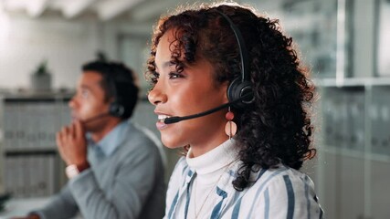 Poster - Call center, woman and customer support in office with crm, communication and online consultant. Contact us, headset and technical service help, telemarketing or sales agent coworking for hotline