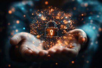 Poster - Secure Digital Embrace: A protective pair of hands cradles a luminescent digital padlock, symbolizing data security and cyber safety in a contemporary context.