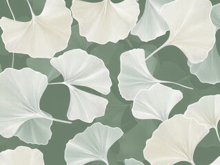 Poster - Ginkgo Biloba Leaves: A captivating seamless pattern of elegant ginkgo leaves, delicately rendered in soft shades, unfolds against a muted backdrop, evoking a sense of nature.