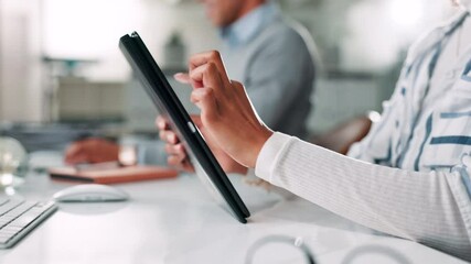 Poster - Tablet, hands and businesswoman in office with scrolling for online communication, feedback or review. Digital technology, contact and closeup of female magazine editor with email in workplace.