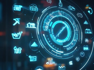 Poster - Digital Dashboard: Futuristic digital dashboard with glowing icons representing various aspects of logistics, supply chain, and data analytics.