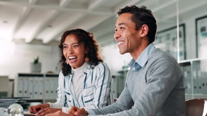 Leinwandbilder - Happy, business people and winning with high five for achievement, teamwork or success at office. Excited, businessman and woman with smile or applause for promotion or congratulations at computer