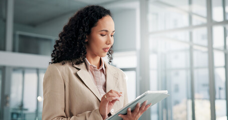 Poster - Internet, business or woman in office, tablet or online schedule with financial consultant with digital app. Accounting, person or employee in workplace, tech or connection with stock market or email