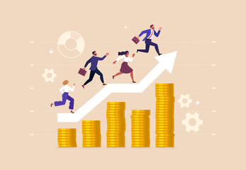 Fototapete - Business_success_1_8 Business Success Concept. Vector cartoon illustration of a group of diverse people in business suits running on a growing graph of stacked coins. Isolated on background.