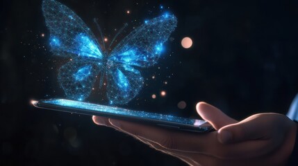Poster - Digital metamorphosis: A shimmering butterfly emerging from a smart device display