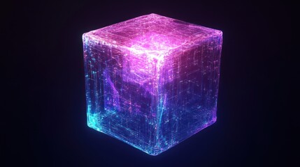 Poster - Abstract illuminated cube with gradient color scheme creates a futuristic design
