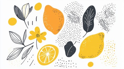Poster - lemon orchard illustration: a vibrant, flat-lay illustration, lemons, leaves, and flowers create a s