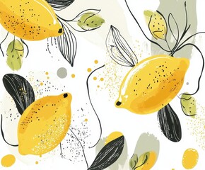 Poster - Lemon Burst: A vibrant illustration showcasing a cheerful collection of freshly picked lemons, complemented by stylish green leaves and abstract forms.