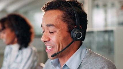 Aufkleber - Computer, conversation and headset with man in call center for help or online assistance. Communication, contact us and customer support with crm employee in office for feedback as virtual assistant