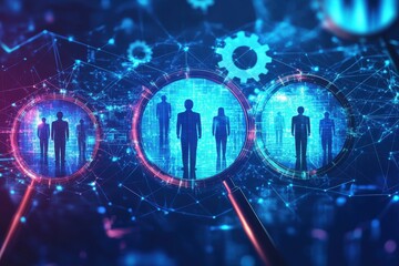 Poster - The Connected Workforce: A modern visualization depicts silhouettes of professionals within interconnected circles, highlighting the dynamics of modern work and technological integration.