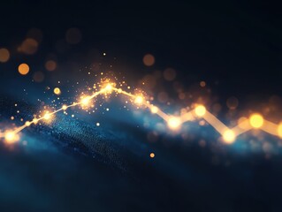 Poster - Data Flow Visualization: An abstract digital composition reveals a dynamic stream of data points connected by a luminous pathway, against a backdrop of deep blues and sparkling accents.
