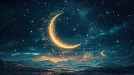 abstract moon and stars inside geometric frame
