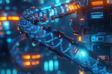 Poster - DNA Helix in Futuristic Machine: A mesmerizing image depicting a DNA helix encased within a futuristic, glowing machine. The scene evokes a sense of scientific advancement and technological marvel.