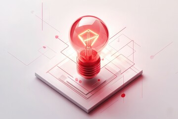 Poster - Illuminating Innovation:  A glowing red light bulb, an icon of inspiration and new ideas, sits atop a microchip symbolizing technological advancement and the birth of groundbreaking concepts.