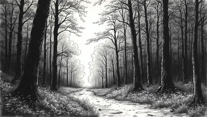  Monochrome Forest Path with Trees and Clearing