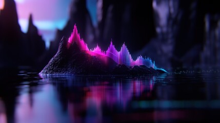 Wall Mural - Neon mountain island reflected in dark water, colorful peaks, dramatic landscape