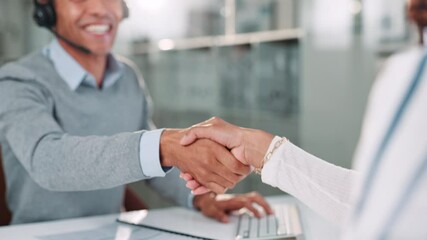 Poster - Shaking hands, negotiation and business people in office for deal, team or welcome. Call center, greeting and consultant with client for handshake with customer experience for finance contract.