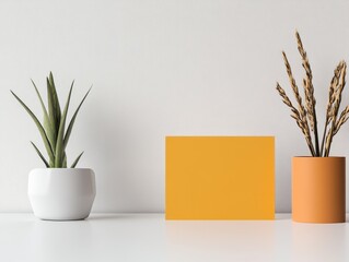 Poster - minimalist serenity: an elegant composition of a succulent, ornamental grasses, and a blank orange c