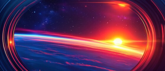 Wall Mural - awe inspiring sunrise over earth seen through a space station window revealing cosmic beauty and the