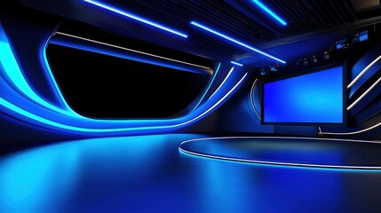 Canvas Print - Futuristic studio, illuminated stage, dark interior, empty presentation