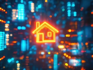 Poster - Smart Home Technology:  A neon house icon is illuminated with the future. The neon light depicts the technological landscape of the city.