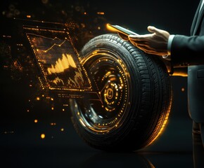 Poster - Digital Wheel of Progress: A contemporary professional leverages innovative digital tools to analyze data and examine a wheel.