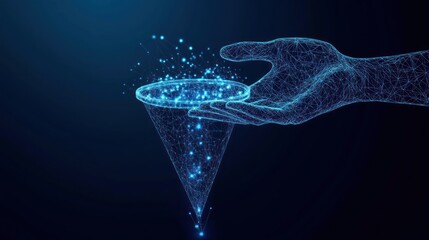 Poster - Abstract digital hand holding a funnel with glowing particle filtration process