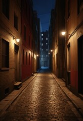  Empty alley between city buildings at night