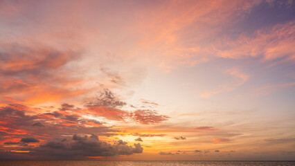 Wall Mural - sunset sky clouds over sea water background in the evening with orange sunlight, horizon sea sky lan