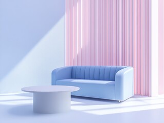 Poster - serene living room interior: a minimalist living room with a soft blue sofa, a white table and light